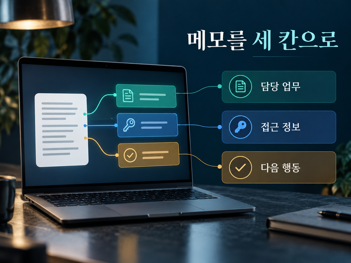 인수인계 메모를 담당 업무·접근 정보·다음 행동 카드로 나누는 구조
