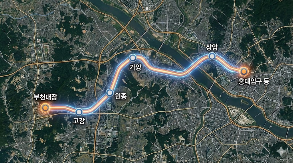 대장홍대선의 구체적인 노선과 주요 정차역을 보여주는 지도입니다. 서울 서부권을 중심으로 부천 대장, 상암, 홍대를 잇는 노선을 명확하게 표시했습니다.