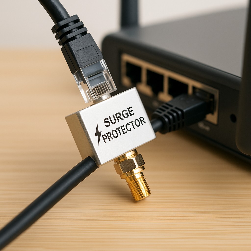 공유기 뒤쪽에서 이더넷·동축 케이블을 서지보호기에 통과시켜 연결한 예시