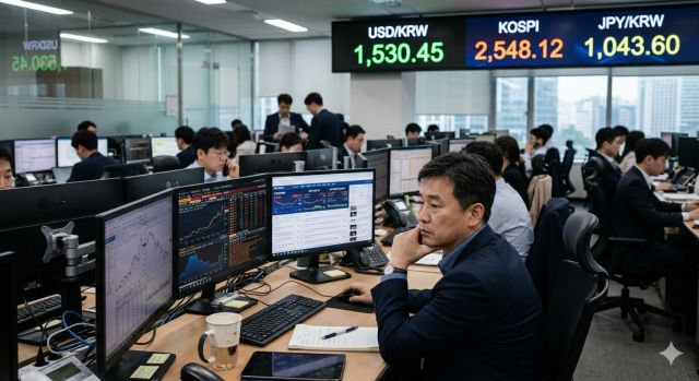 환율 1530원 상승 상황에서 달러 투자 판단 고민하는 투자자 모습