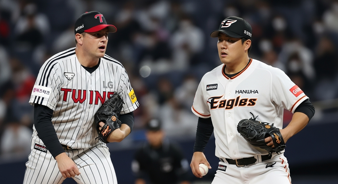 한국시리즈 경기에서 투수가 마운드 위에서 온몸으로 공을 던지는 순간. 얼굴에는 집중한 표정이 역력하며, 배경의 관중석과 조명이 강렬한 에너지를 전달한다.