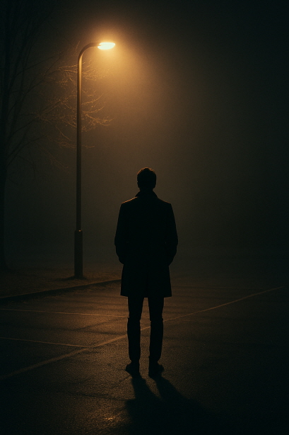어두운 밤, 안개 낀 도로 위에서 가로등 불빛 아래 혼자 서 있는 남성의 뒷모습. 남성은 롱코트를 입고 있으며, 주변은 어둠에 잠겨 있어 고요하고 쓸쓸한 분위기를 자아낸다.