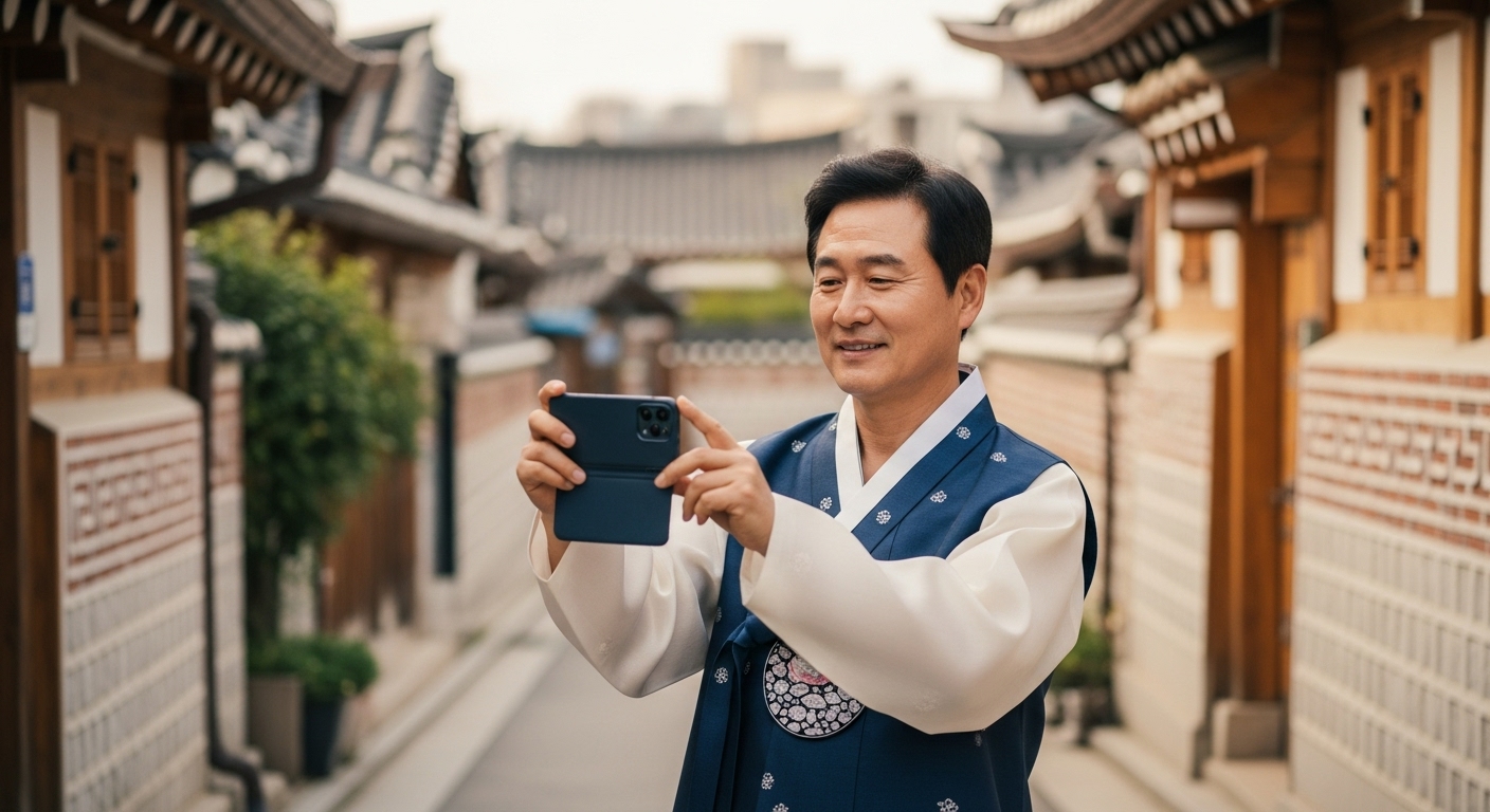 전주 한옥마을서 사진 찍는 50대 한국 남자