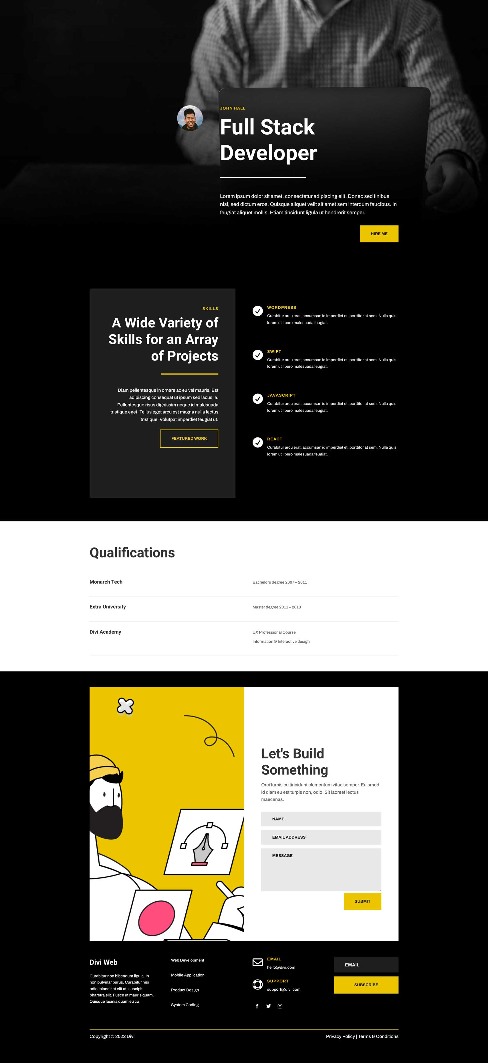 워드프레스 Divi 테마용 무료 웹 개발자 레이아웃 팩(Web Developer Layout Pack) 다운로드 - 소개 페이지