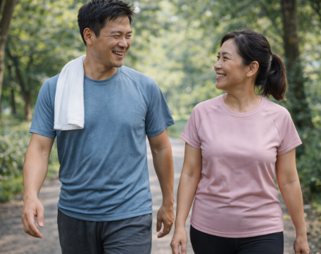 중년 이후 운동 강도 조절을 하며 공원에서 걷는 모습