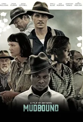 영화 머드바운드 포스터. 등장인물들이 모두 다른 서로 반대 방향으로 시선을 두고 등지고 있다. 주인공은 정면을 응시중이다.