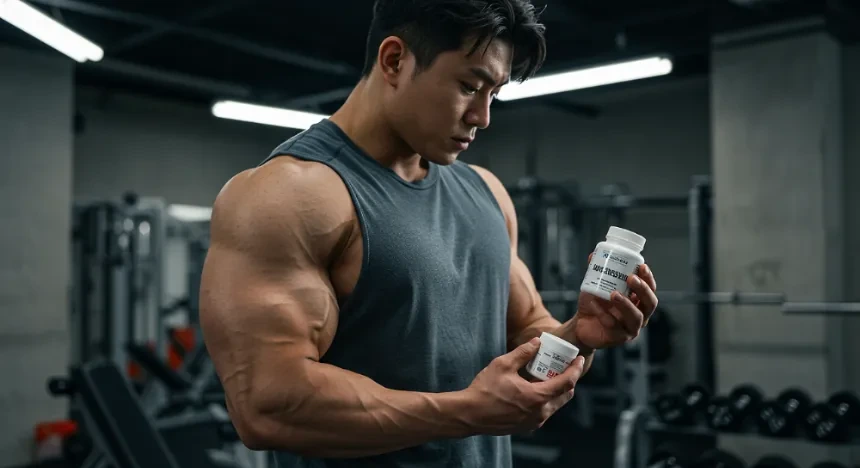 마그네슘 제품을 들고 고민하고 있는 남성 이미지