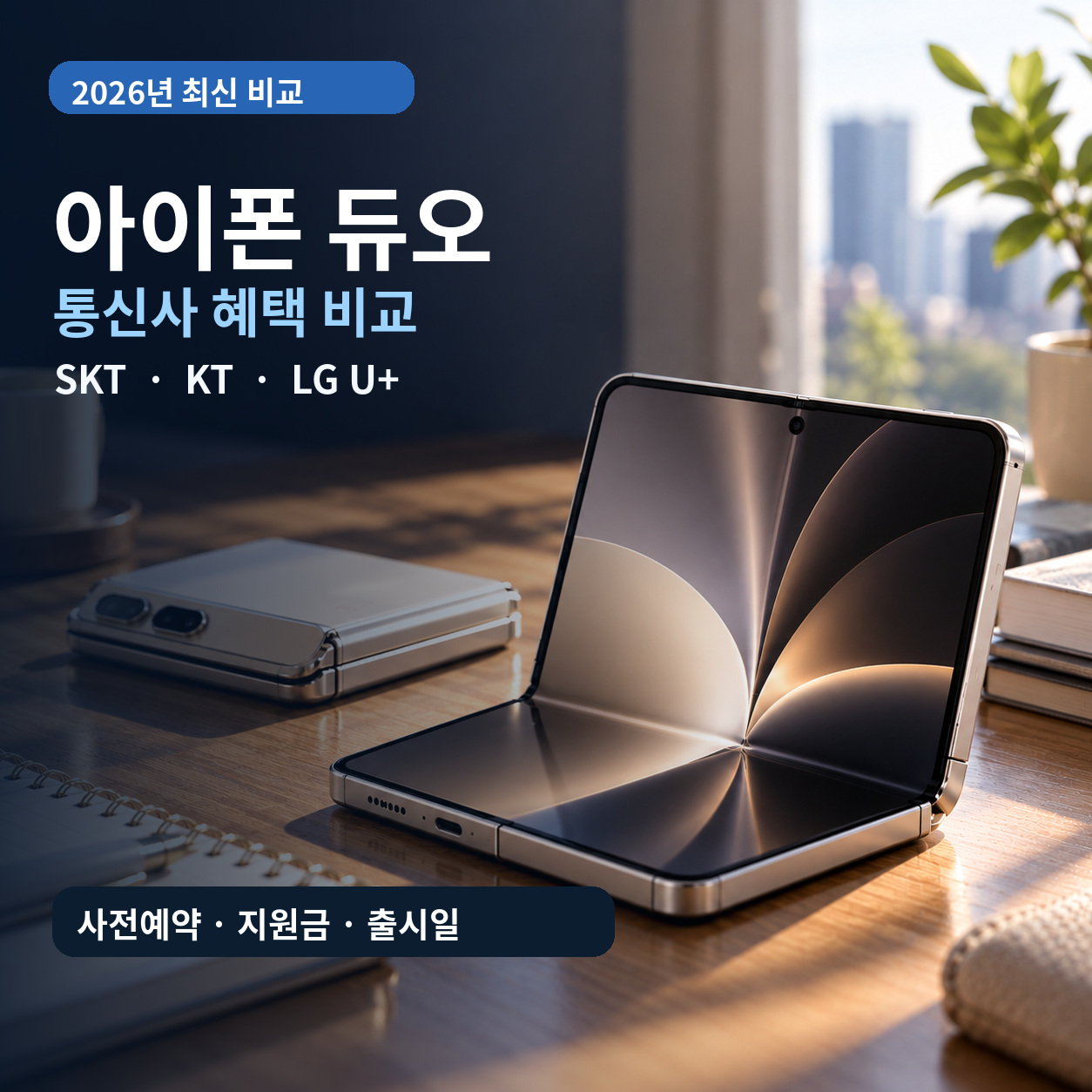 접이식 스마트폰과 수첩이 놓인 책상 위에 아이폰 듀오 통신사 혜택 비교 문구를 넣은 대표 이미지