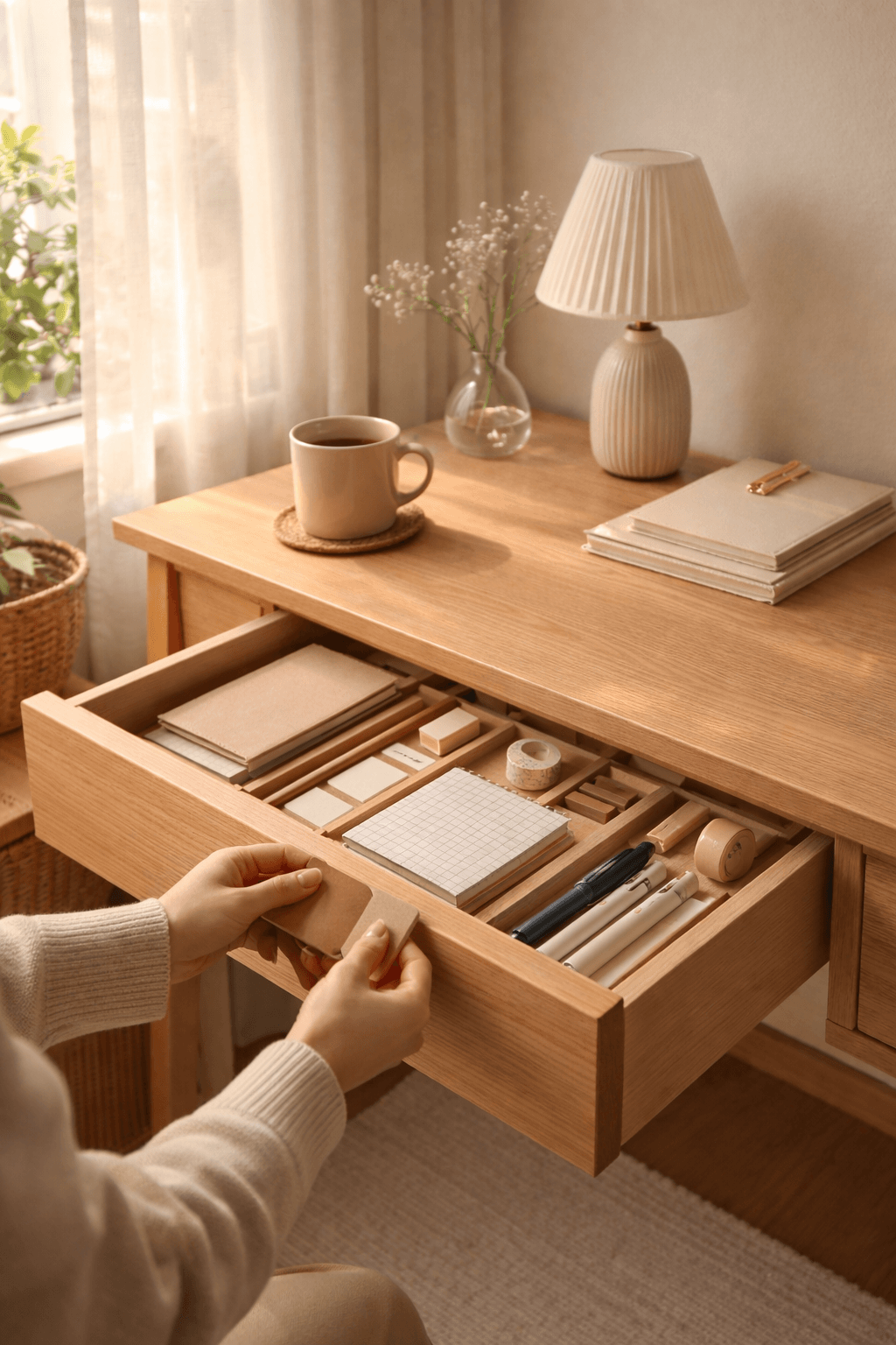 정리된 서랍 속 문구류와 생활용품이 깔끔하게 정돈된 모습