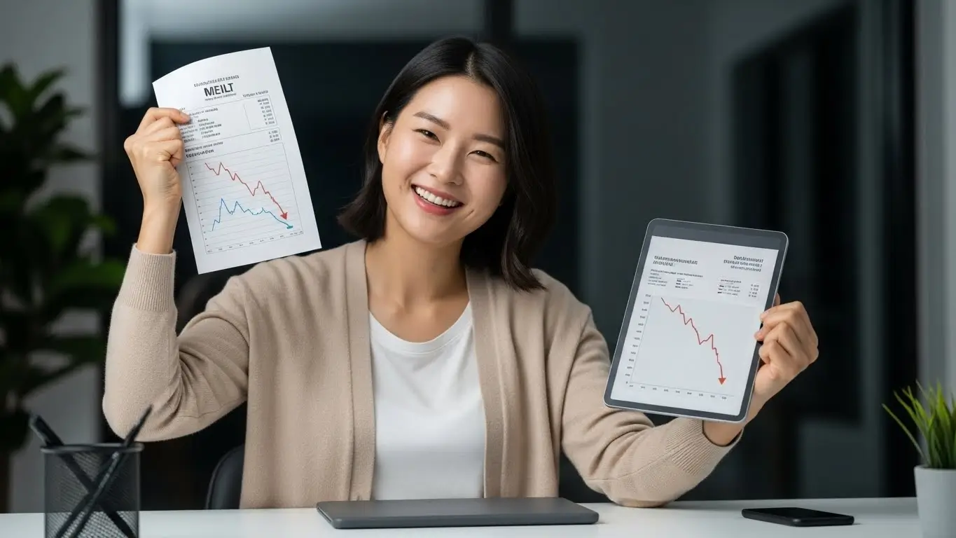 대출 갈아타기에 성공하여 월 상환액이 줄어든 고지서를 확인하고 기뻐하는 사용자의 모습