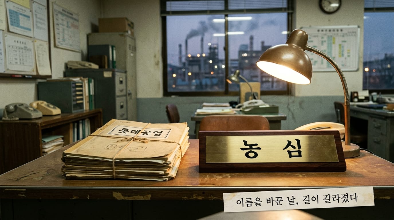 롯데공업 서류와 농심 명패가 놓인 이미지