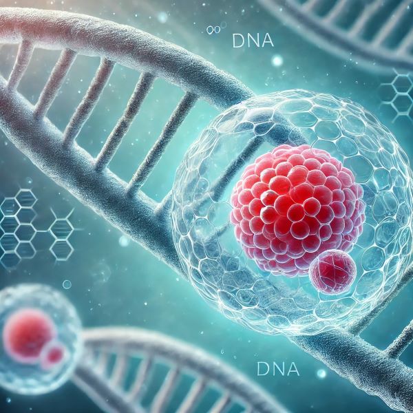 파란 DNA 이중 나선 구조를 배경으로 붉은 핵을 가진 인간 줄기세포들이 반투명한 막 안에서 떠 있는 생명과학 일러스트