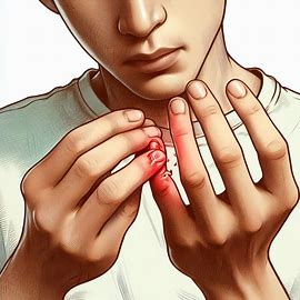 손톱 통증으로 다른 손으로 손톱을 감싸고 있는 남성