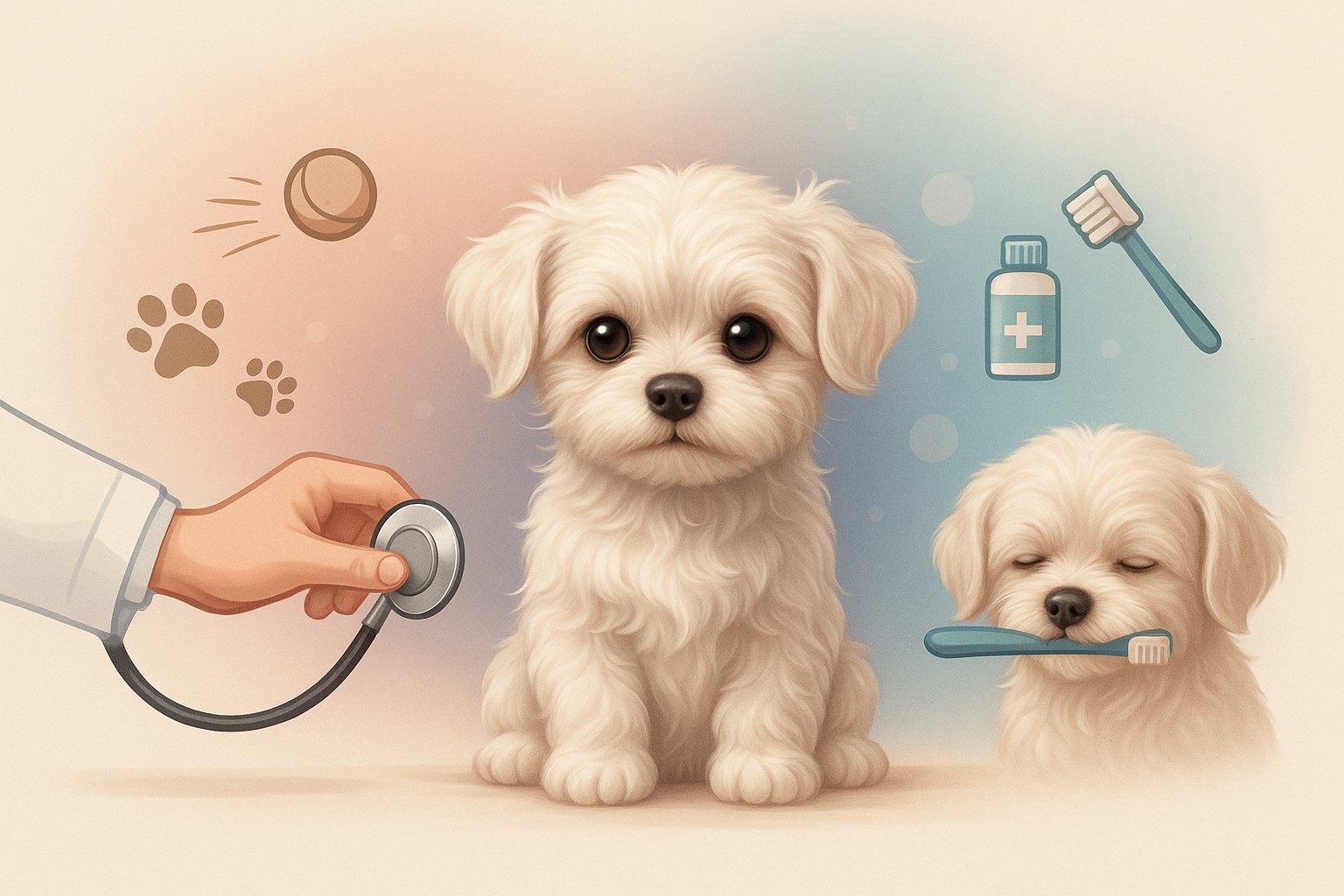 수명에 영향을 주는 요소들이 아이콘으로 강아지를 중심으로 배치되 있는 모습

아이콘으로 표현 (정기 검진, 운동, 구강 관리 등)