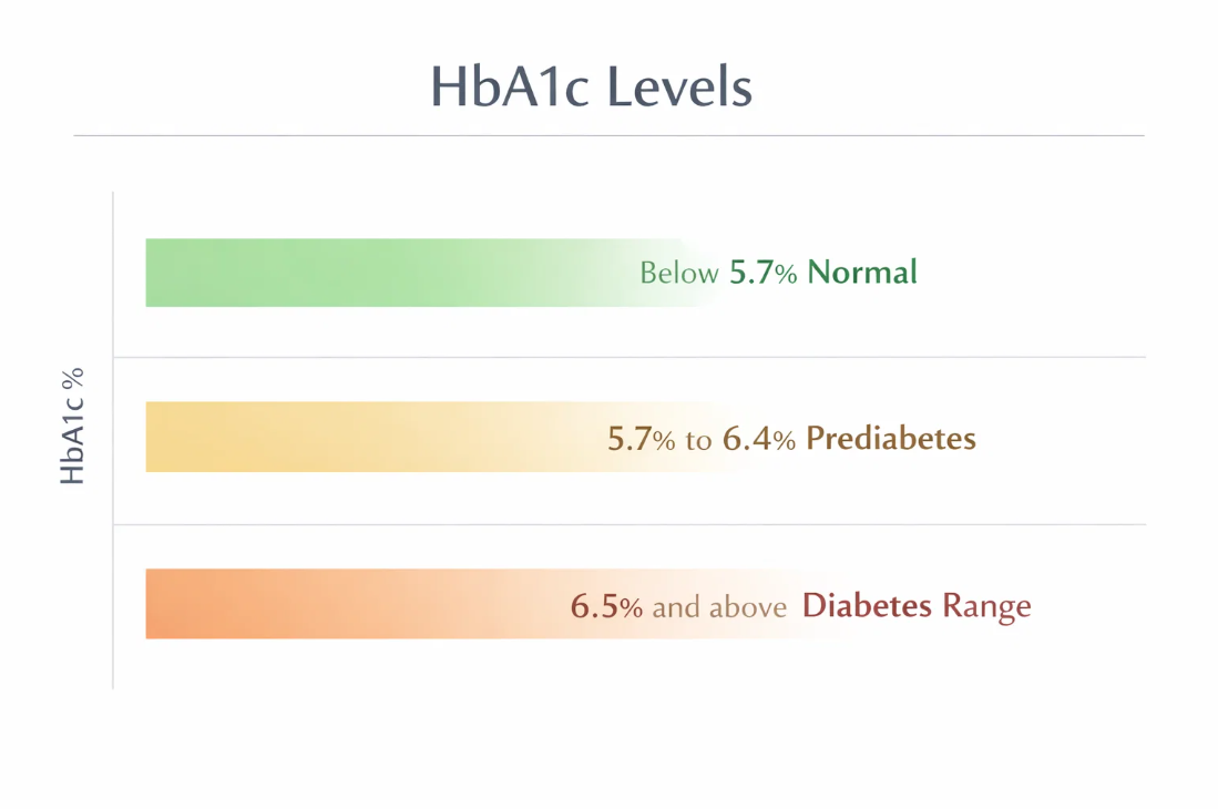 당화혈색소(HbA1c) 수치별 진단 기준을 시각적으로 표시한 그래프. 5.7% 미만은 정상, 5.7~6.4%는 당뇨 전단계, 6.5% 이상은 당뇨병 범위를 나타냄