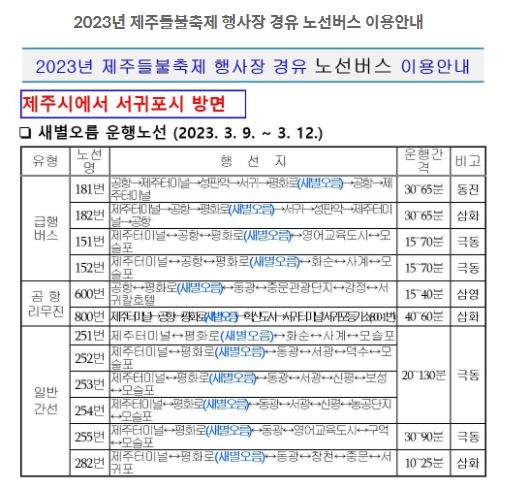 2023년 제주 들불축제 정보 행사장 경유 제주시에서 서귀포시 방면 노선버스 이용안내