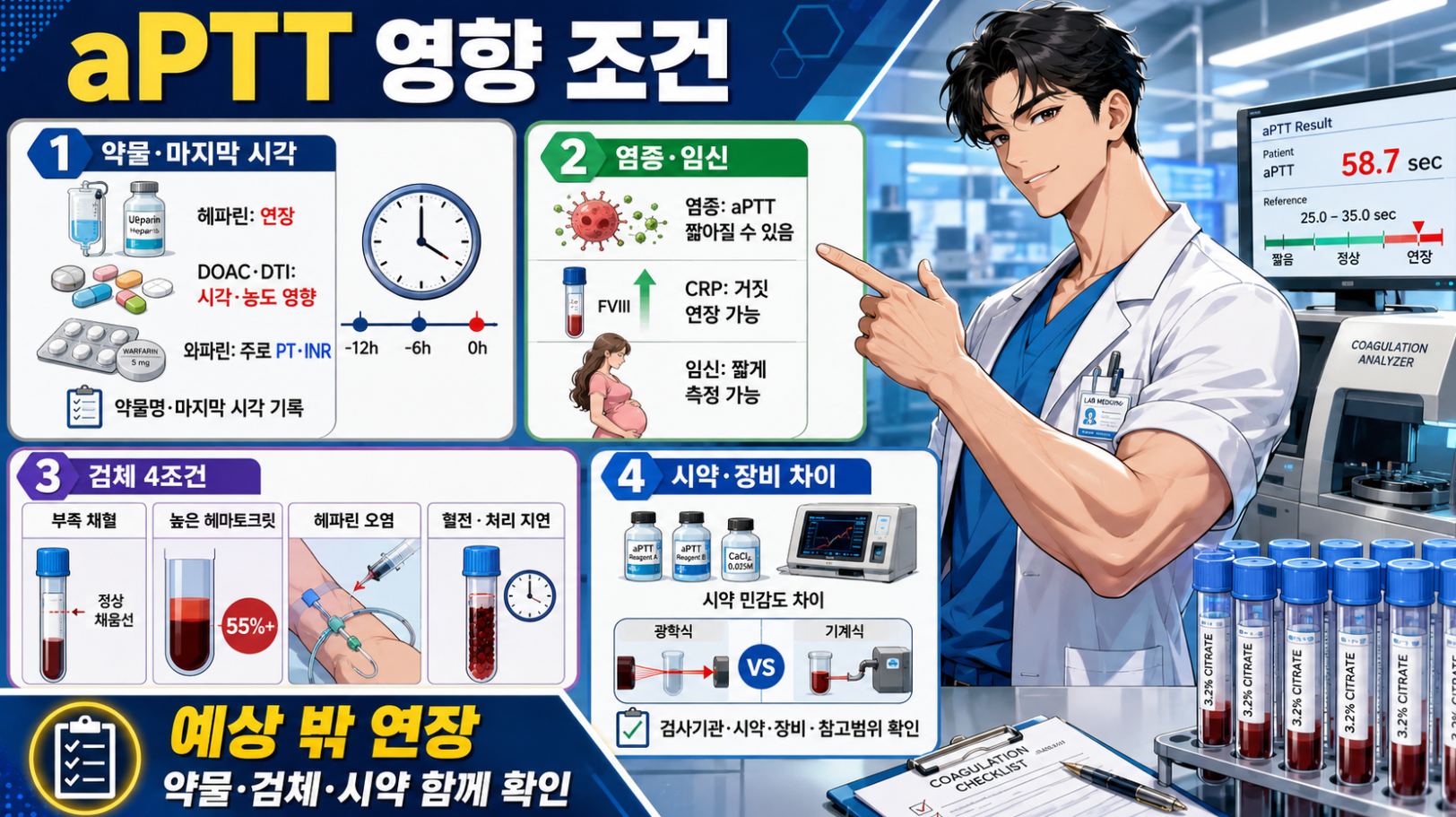 aPTT 결과에 영향을 주는 약물, 검체 상태, 시약과 장비를 설명하는 메디컬 인포그래픽