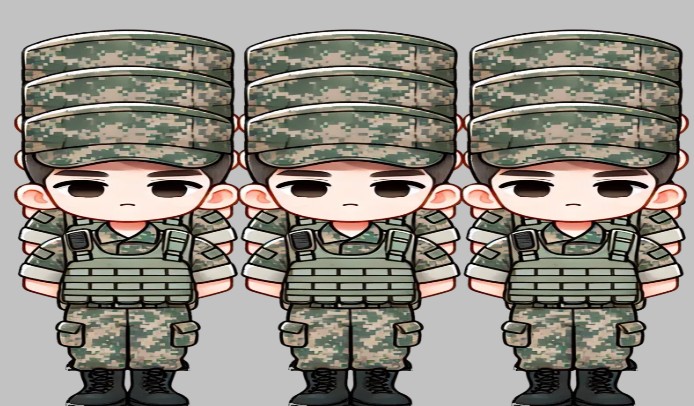 "군복을 입은 세 명의 귀여운 캐릭터 제대군인 일러스트, 검은 베레모와 방탄조끼 착용 모습