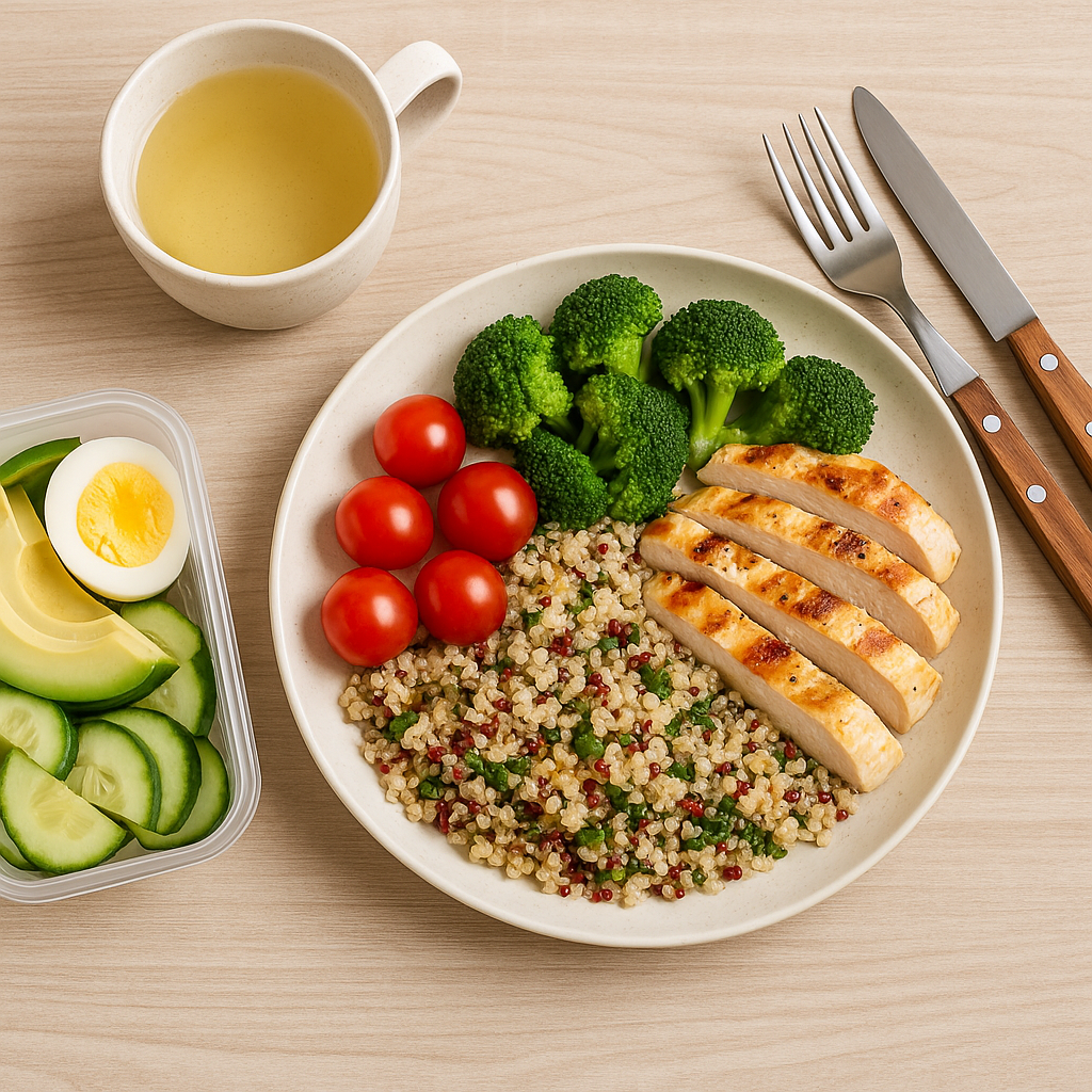 신선한 샐러드, 고단백 식품, 곡물류가 함께 담겨있는 한끼 식단 사진