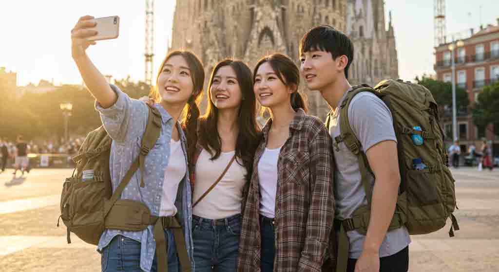 배낭여행 하는 젊은이들이 셀카 찍고 있는 사진