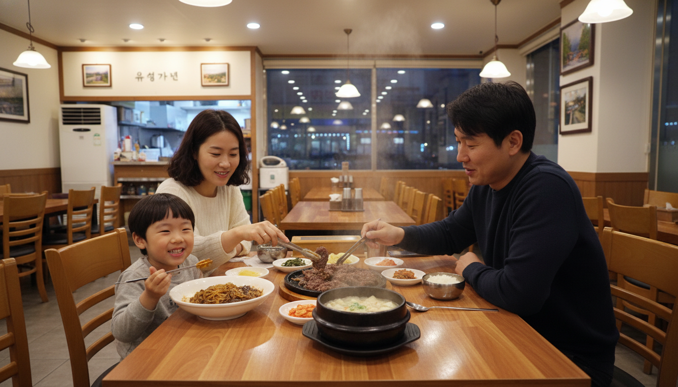 유성온천 근처 식당에서 짜장면과 한국 음식을 맛있게 먹는 행복한 가족의 모습.