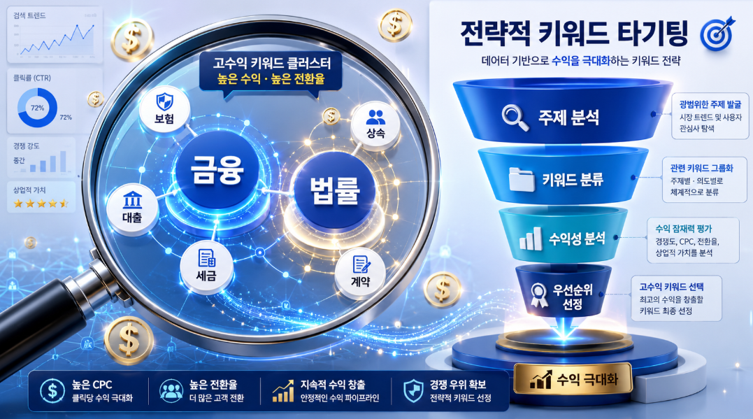 금융 및 법률 분야의 고단가 키워드 분석을 통한 CPC 극대화 전략 도식화