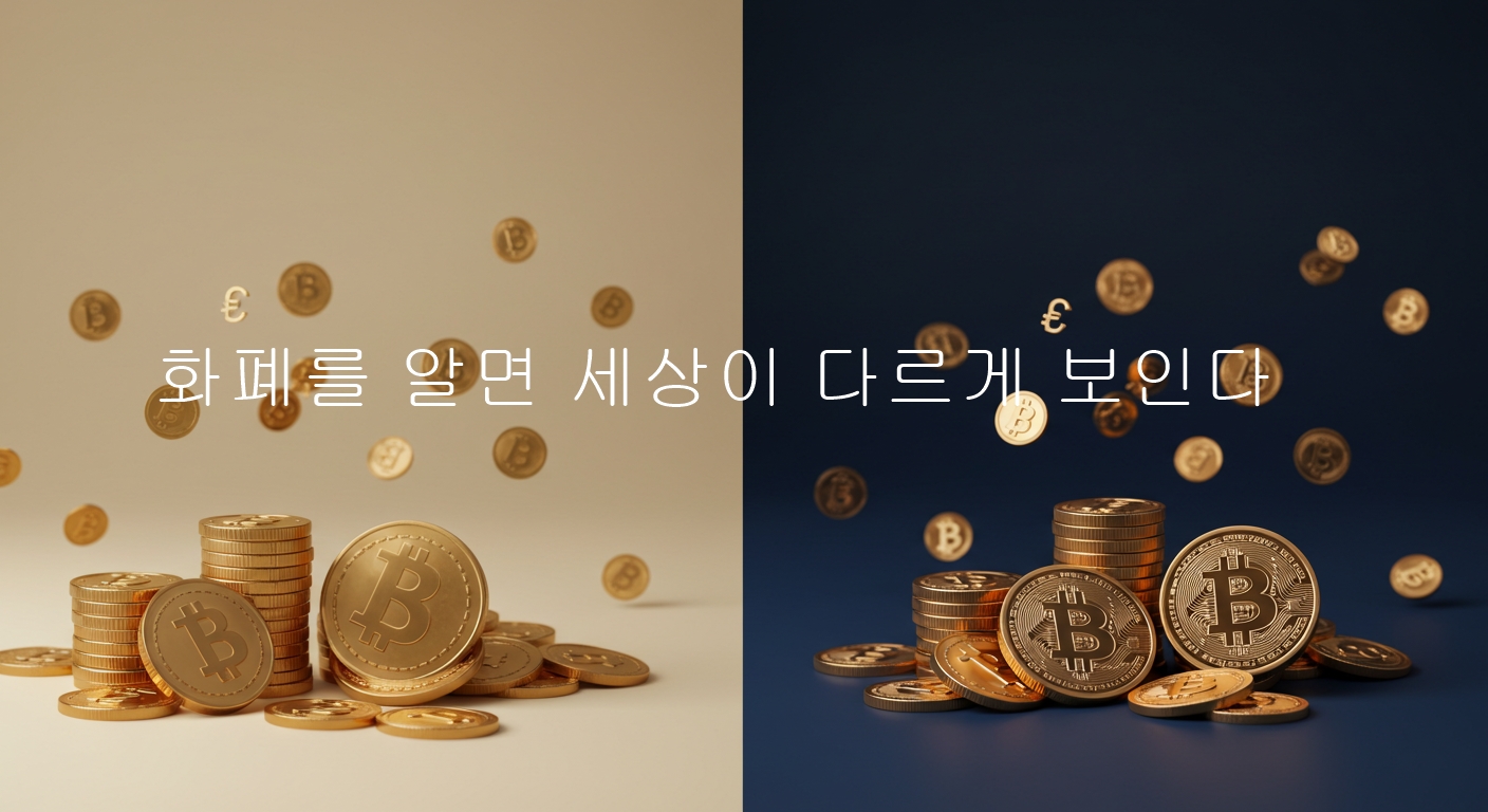 화폐를 알면 세상이 다르게 보인다는 문구가 있는 비트코인 동전그림