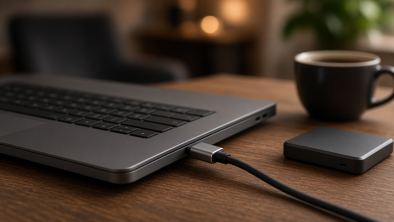 원목 책상 위 다크 그레이 노트북 옆면에 마그네틱 USB-C 충전 케이블이 연결된 모습