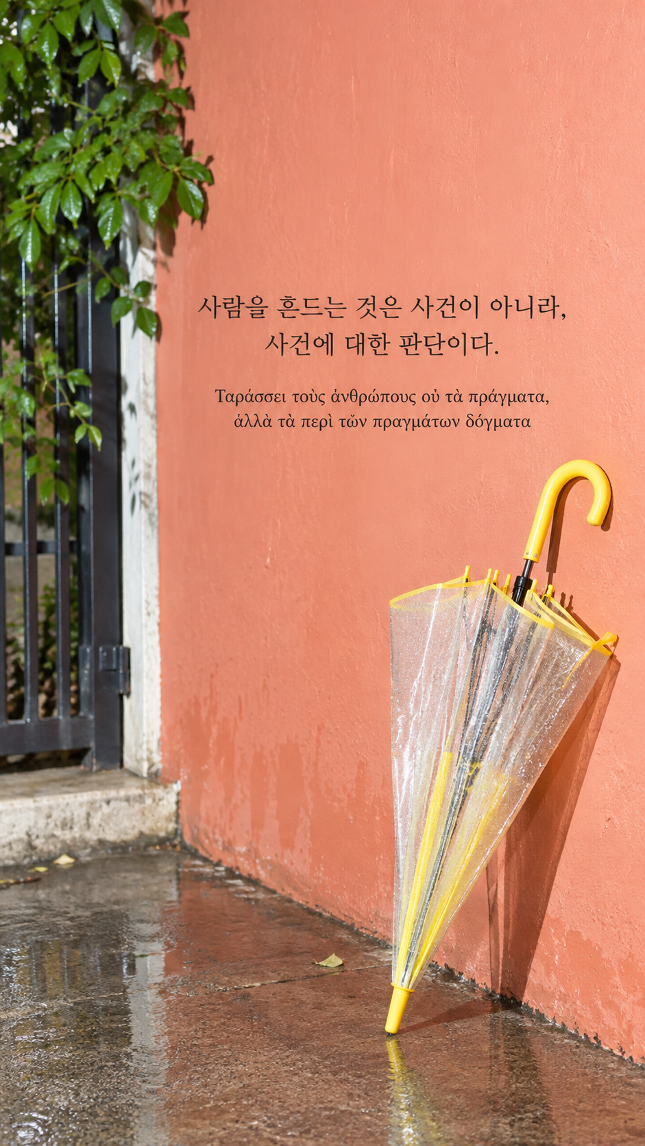 에픽테토스 명언 4 사람을 흔드는 것은 사건이 아니라, 사건에 대한 판단이다. — 산호색 벽에 기댄 노란 우산