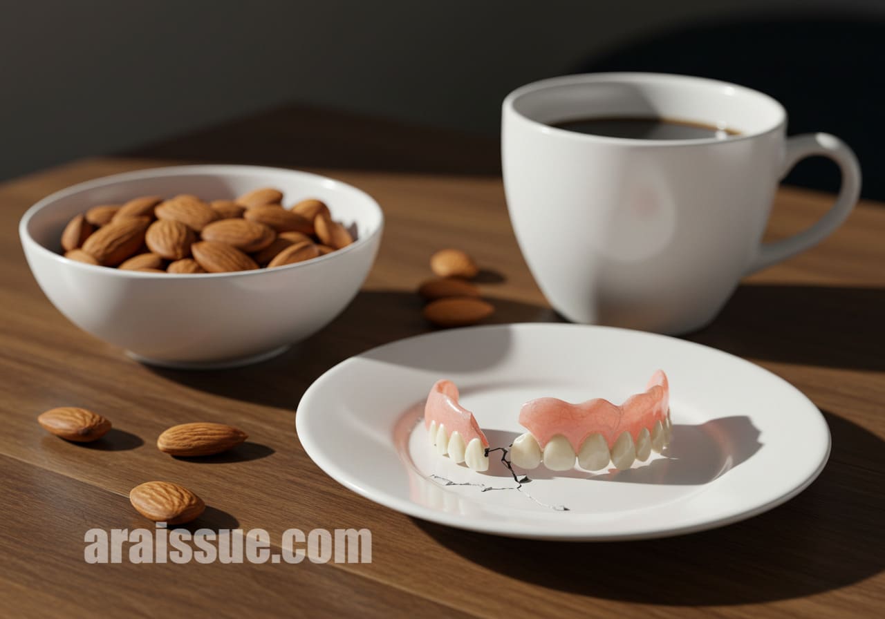 커피와 견과류 옆에 깨진 틀니가 놓인 경고성 이미지