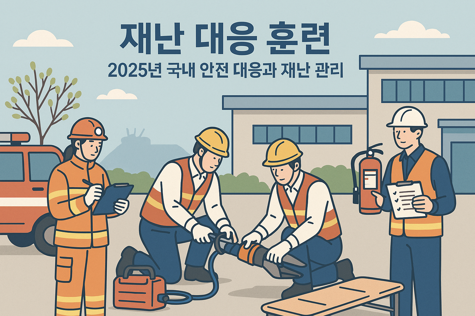 재난 대응 훈련, 구조 장비, 안전 점검 장면 위주의 인포그래픽