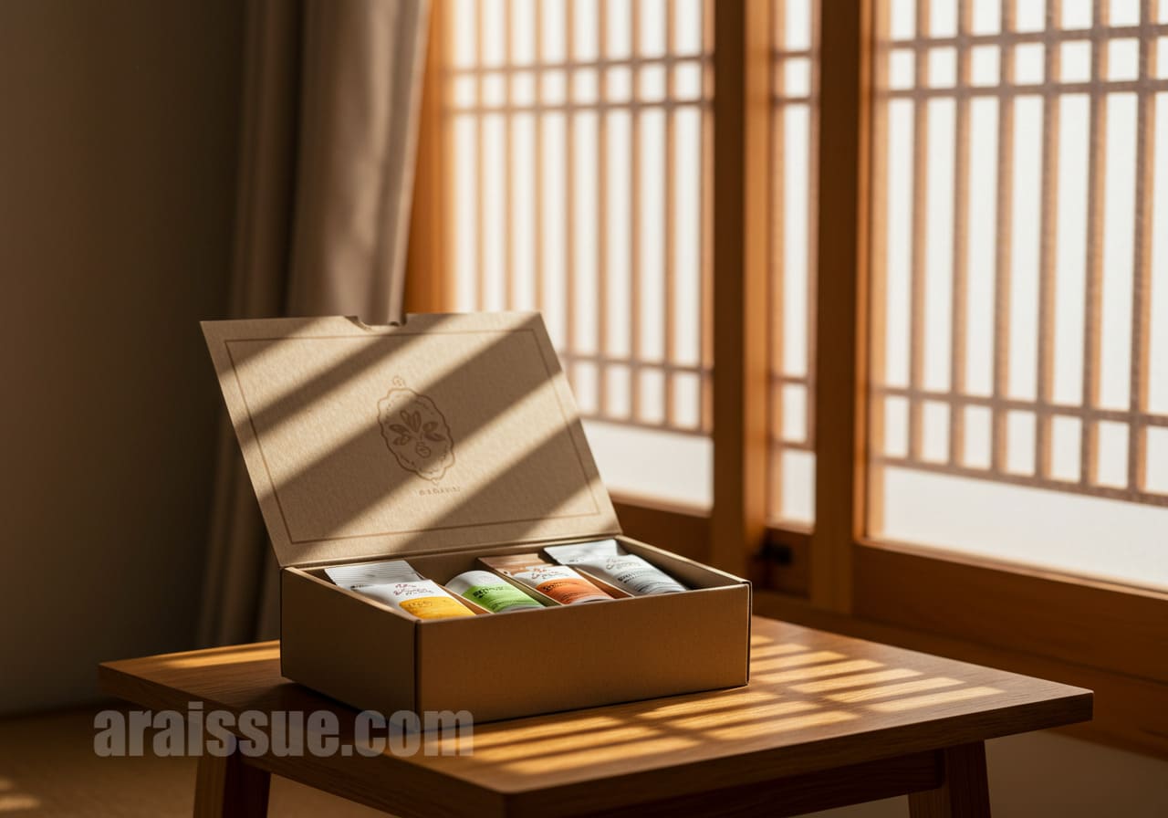 탁자 위에 놓인 홍삼 스틱, 오메가3 캡슐, 종합비타민 소형 패키지