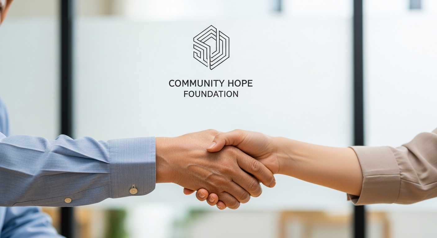 민간 지원 재단 사무실에서 수혜자와 담당자가 악수를 나누며 신뢰와 희망을 상징하는 장면