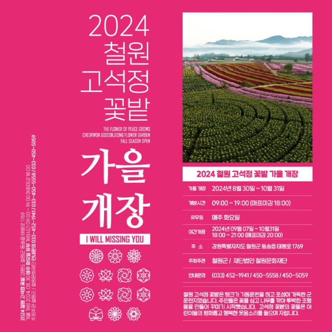 2024년 10월 전국가을축제 철원 고석정 꽃밭 가을꽃축제 입장료 무료입장 감면대상