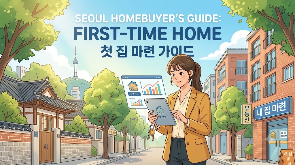 태블릿으로 서울 부동산 정보와 내 집 마련 차트를 확인하며 청년 정책모기지 및 첫 주택 매수를 고민하는 2030 청년 일러스트