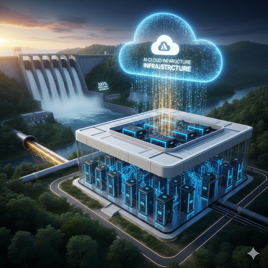 막대한 수력 발전 에너지를 기반으로 운영되는 아이렌(IREN)의 AI 데이터센터 전경. 비트코인 채굴에서 고성능 AI 인프라로의 전환을 시각적으로 표현한 고화질 조감도