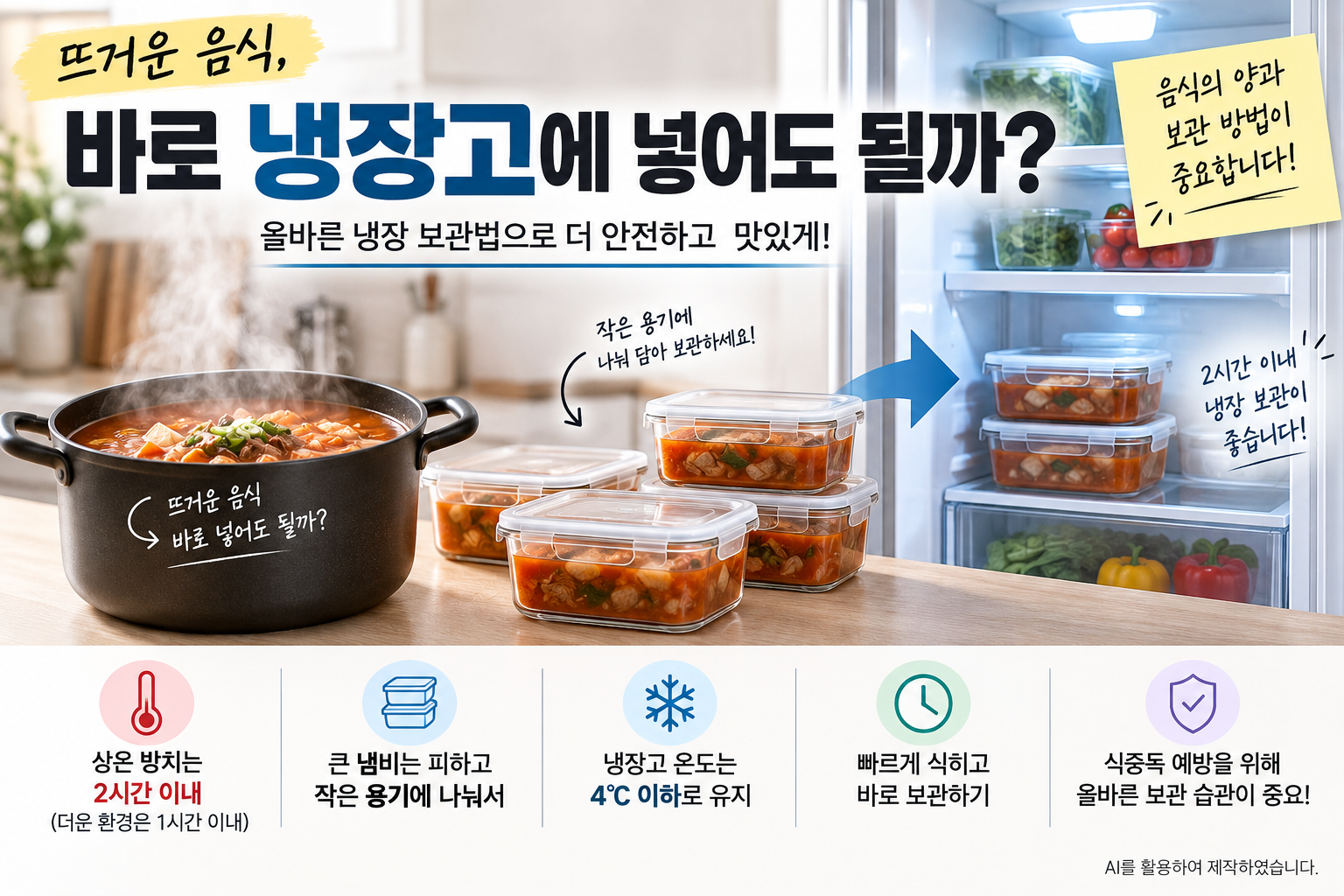 뜨거운 음식을 냉장고에 안전하게 보관하는 방법을 설명하는 이미지