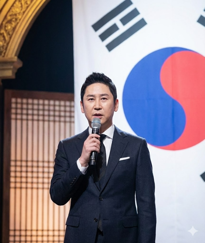 태극기가 걸린 웅장한 무대 중앙에 서 있는 MC 신동엽의 카리스마 넘치는 스틸컷