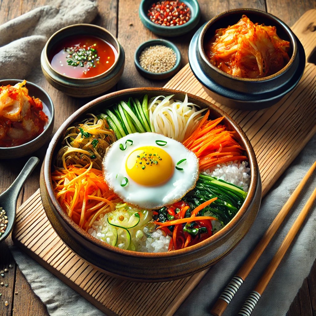 a-bowl-of-bibimbap-with-colorful-vegetables-rice-and-a-fried-egg-next-to-a-dish-of-kimchi-arranged-in-a-traditional-korean-setting