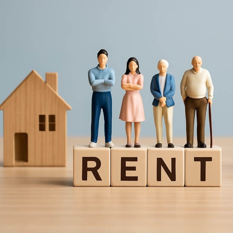 공공임대를 상징하는 집 모형과 다양한 연령대 사람들의 피규어가 RENT 블록 위에 정렬된 이미지