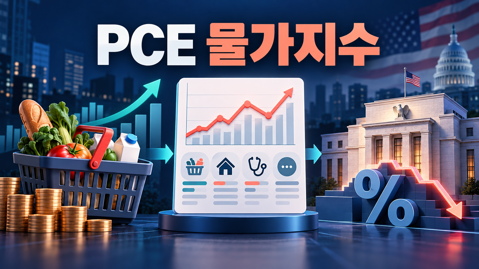 장바구니와 물가 차트, 미국 통화정책을 함께 표현한 PCE 물가지수 대표 이미지