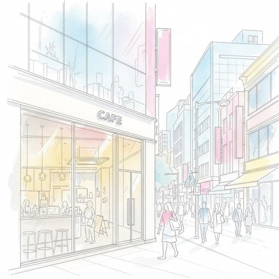 세련된 카페가 있는 서울의 현대적인 거리 풍경