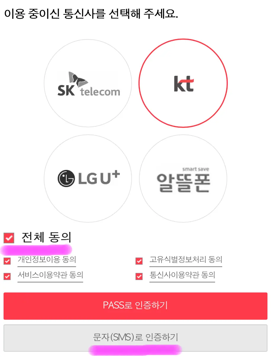 자신의 통신사를 선택하고 전체 동의를 체크 후 문자로 인증하기를 클릭해 줍니다.