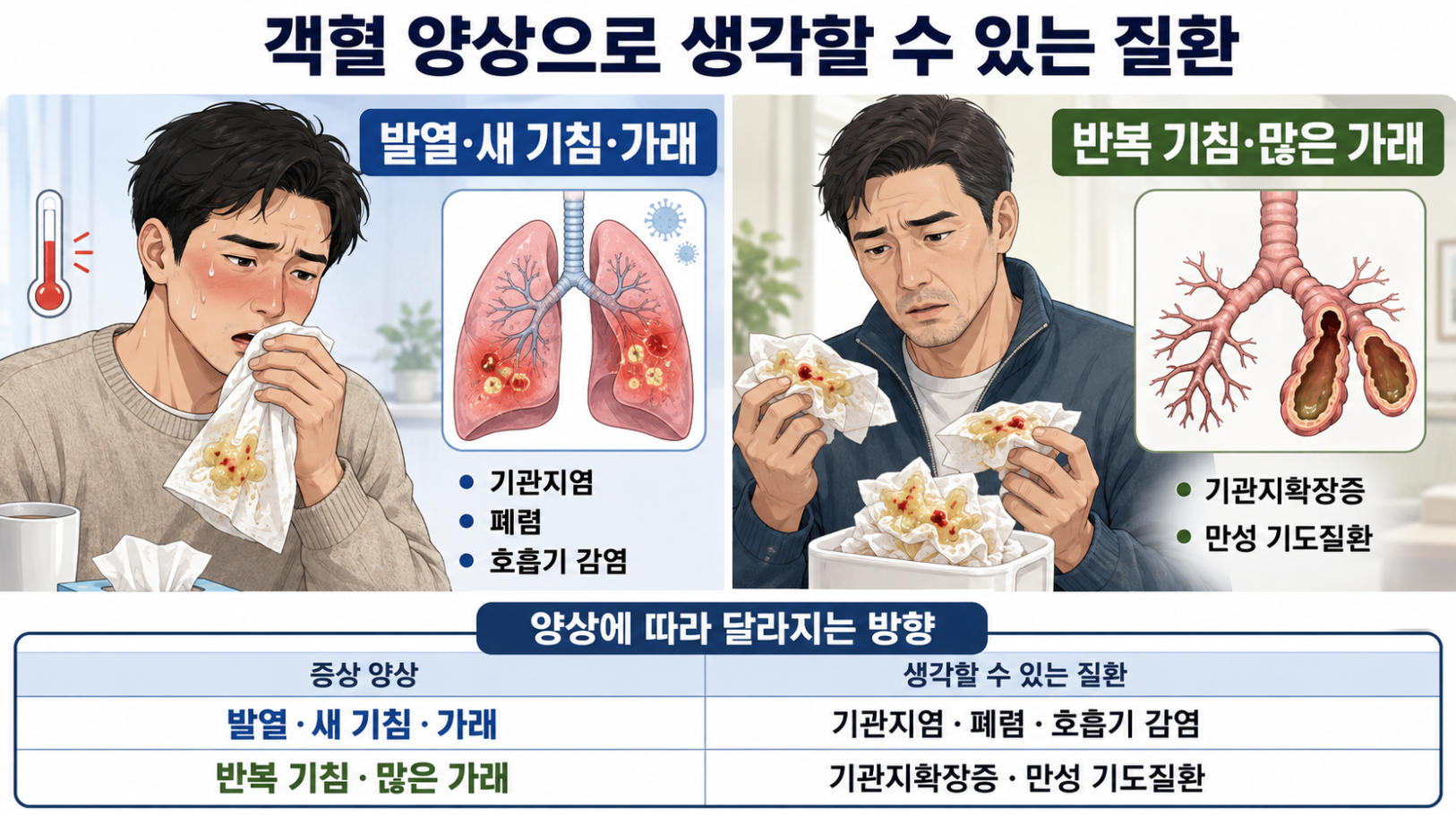 발열&middot;새 기침과 반복 기침&middot;많은 가래에 따른 객혈 원인 질환 방향