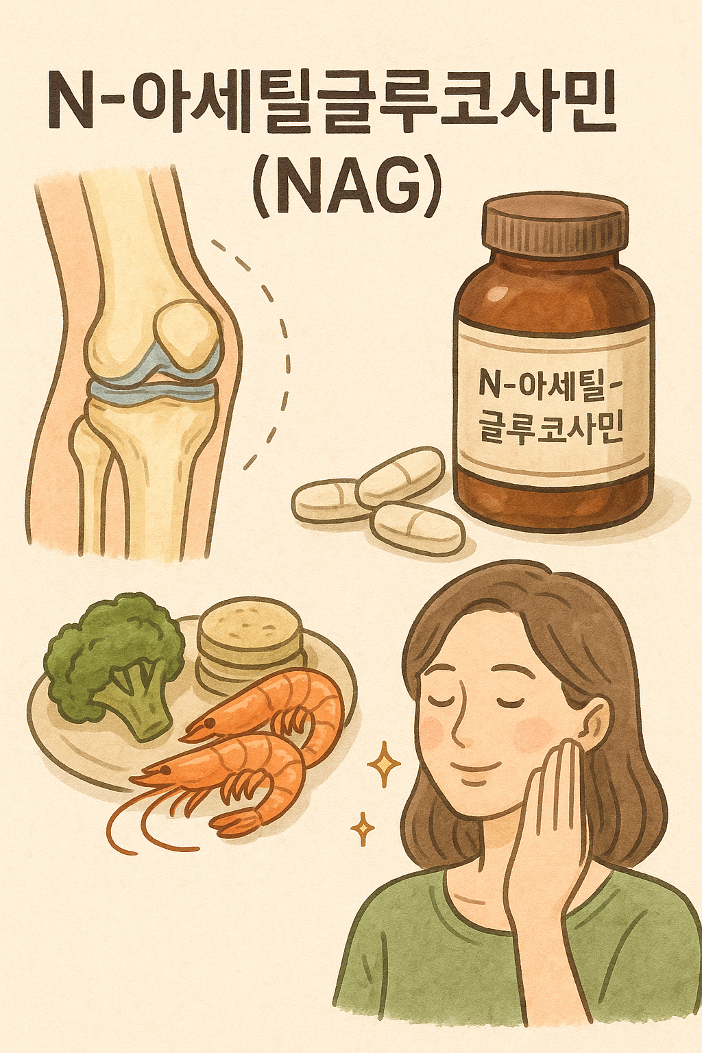 N-아세틸글루코사민(NAG)의 주요 기능인 관절 윤활, 연골, 건강, 피부 보습 개선을 한다.