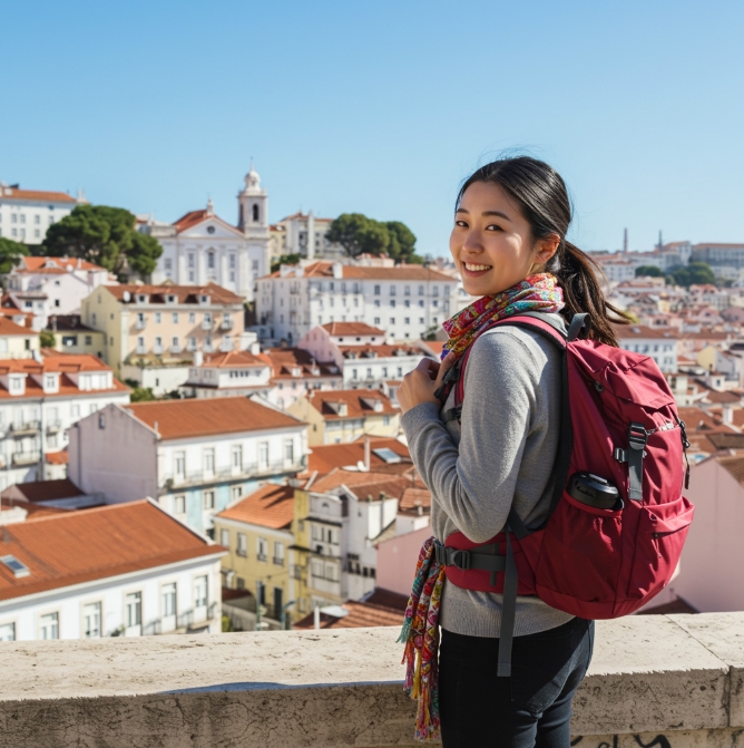 혼자서 유럽 배낭여행을 하면서 즐거워하는 모습의 이미지