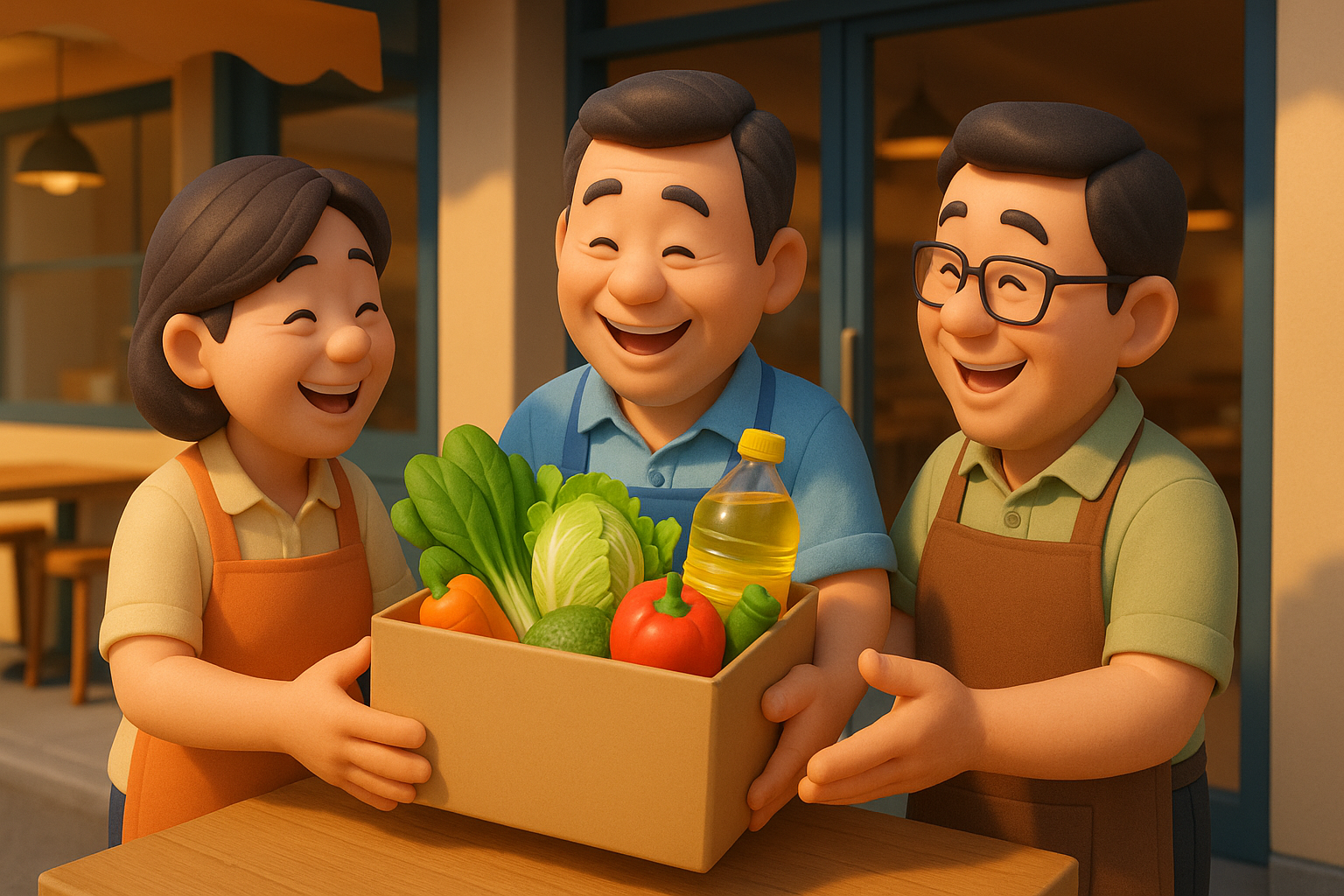 식당 사장님들이 함께 식자재를 공동 구매하여 비용을 절감하는 모습