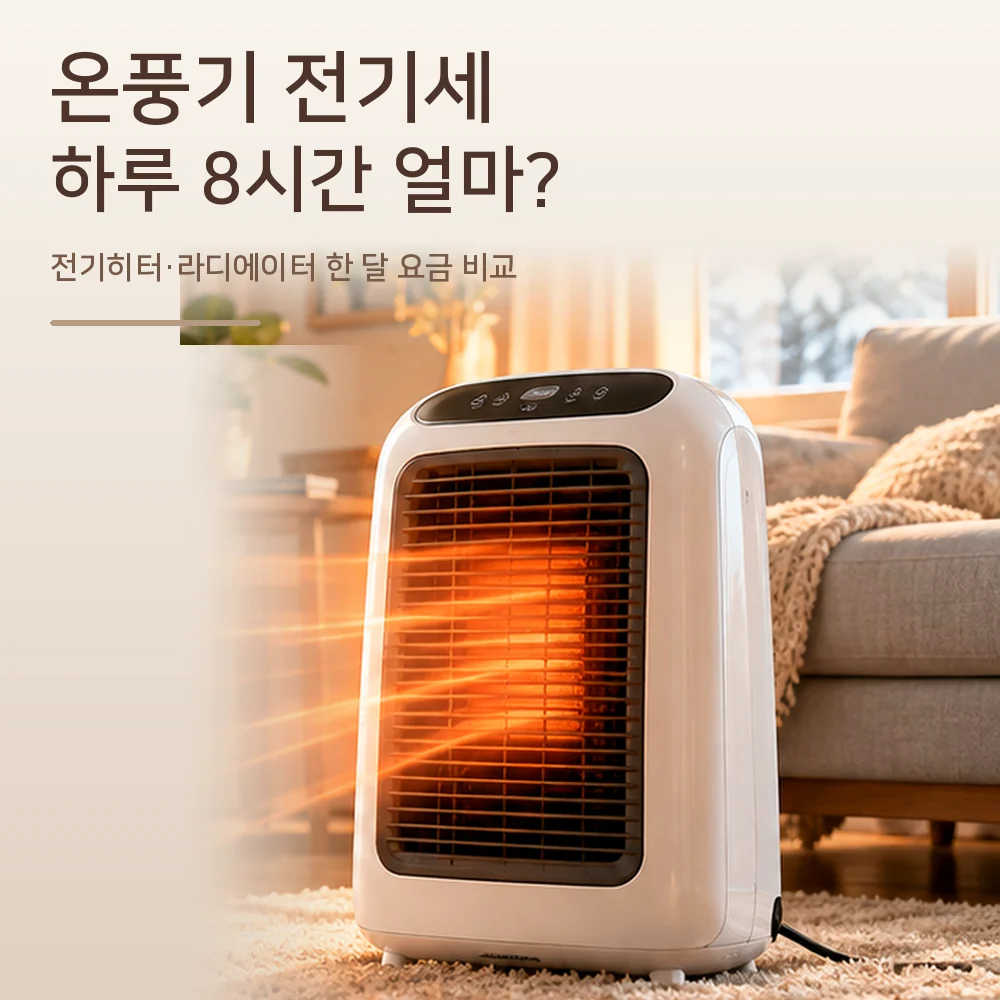 온풍기 전기세 하루 8시간 사용 비용과 전기히터&middot;라디에이터 한 달 요금 비교를 소개하는 이미지