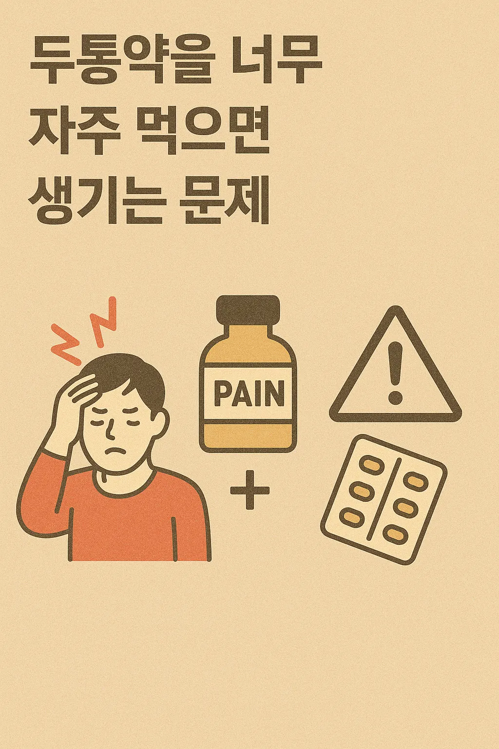 두통약을-너무-자주-먹었을-때-발생할-수-있는-문제를-경고하는-일러스트로-두통-환자와-약병-경고-표시가-함께-표현됨