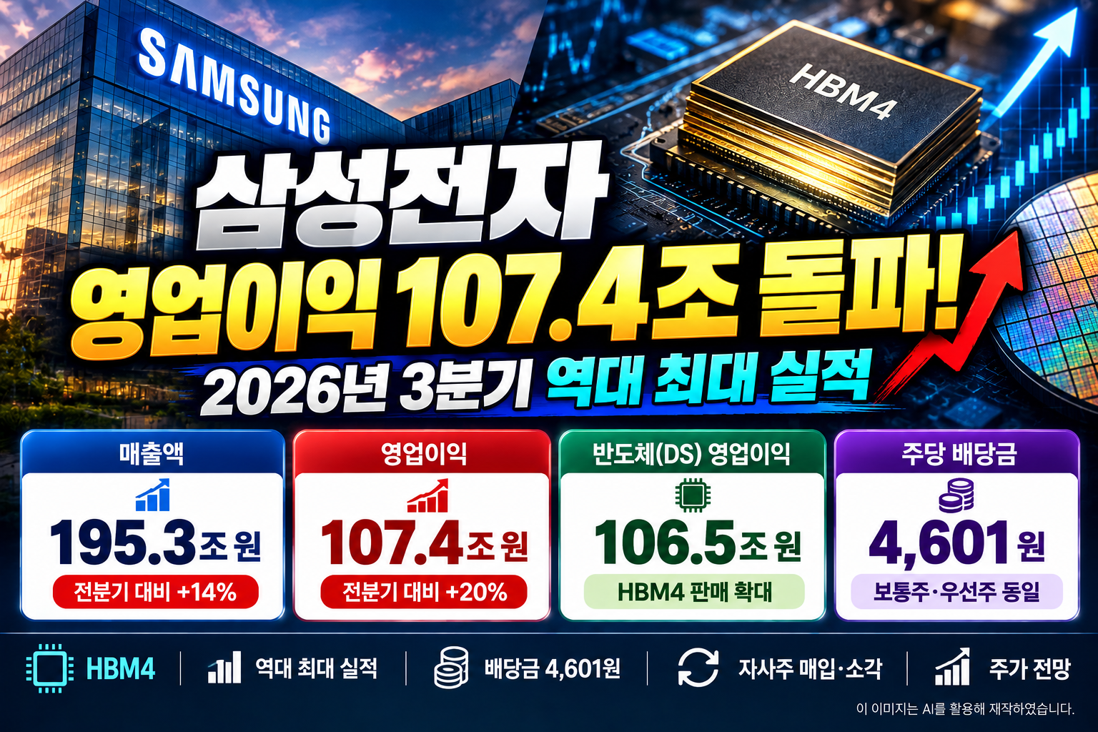 2026년 3분기 삼성전자 실적 발표, 매출액 195.3조 원과 영업이익 107.4조 원, 반도체 부문 영업이익 106.5조 원, 주당 배당금 4,601원 및 HBM4 성장 전망을 나타낸 이미지